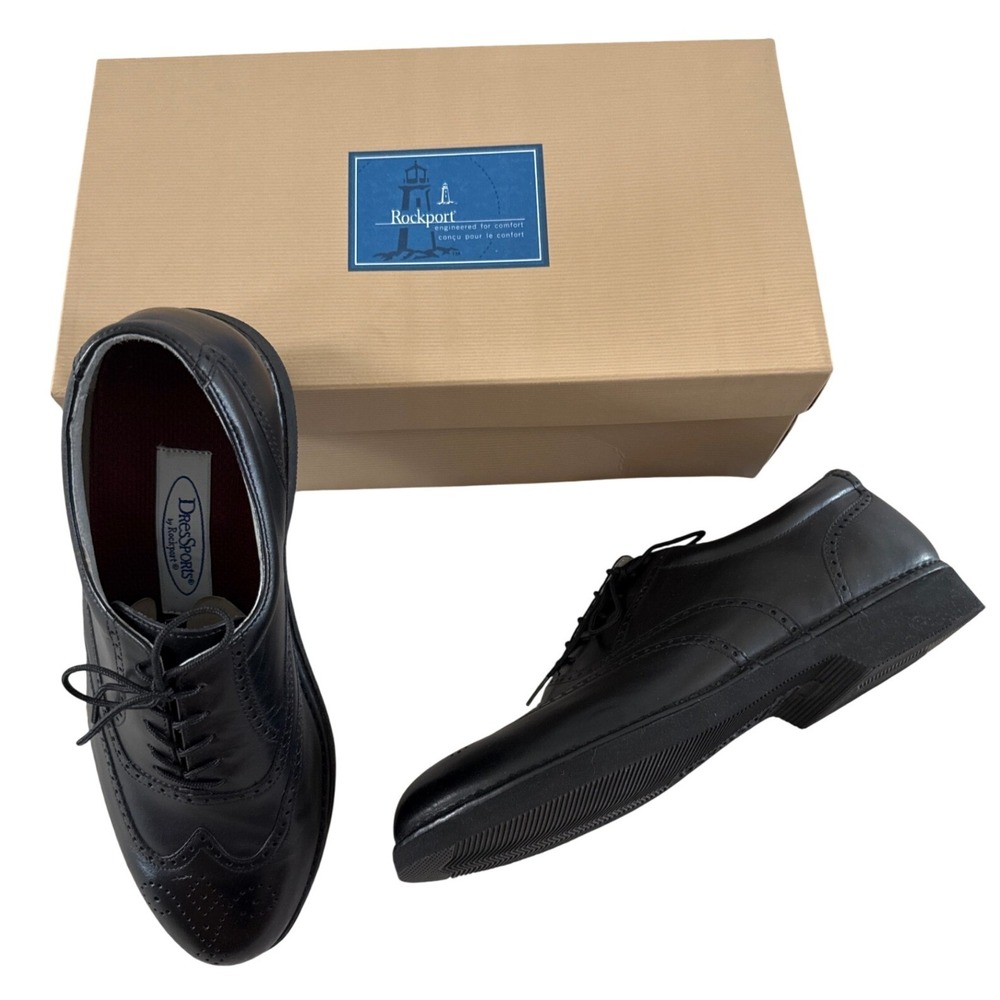 Rockport DresSports Mens 9W Wide Black Leather Wingtip Brogue Oxfords M3678 NIB